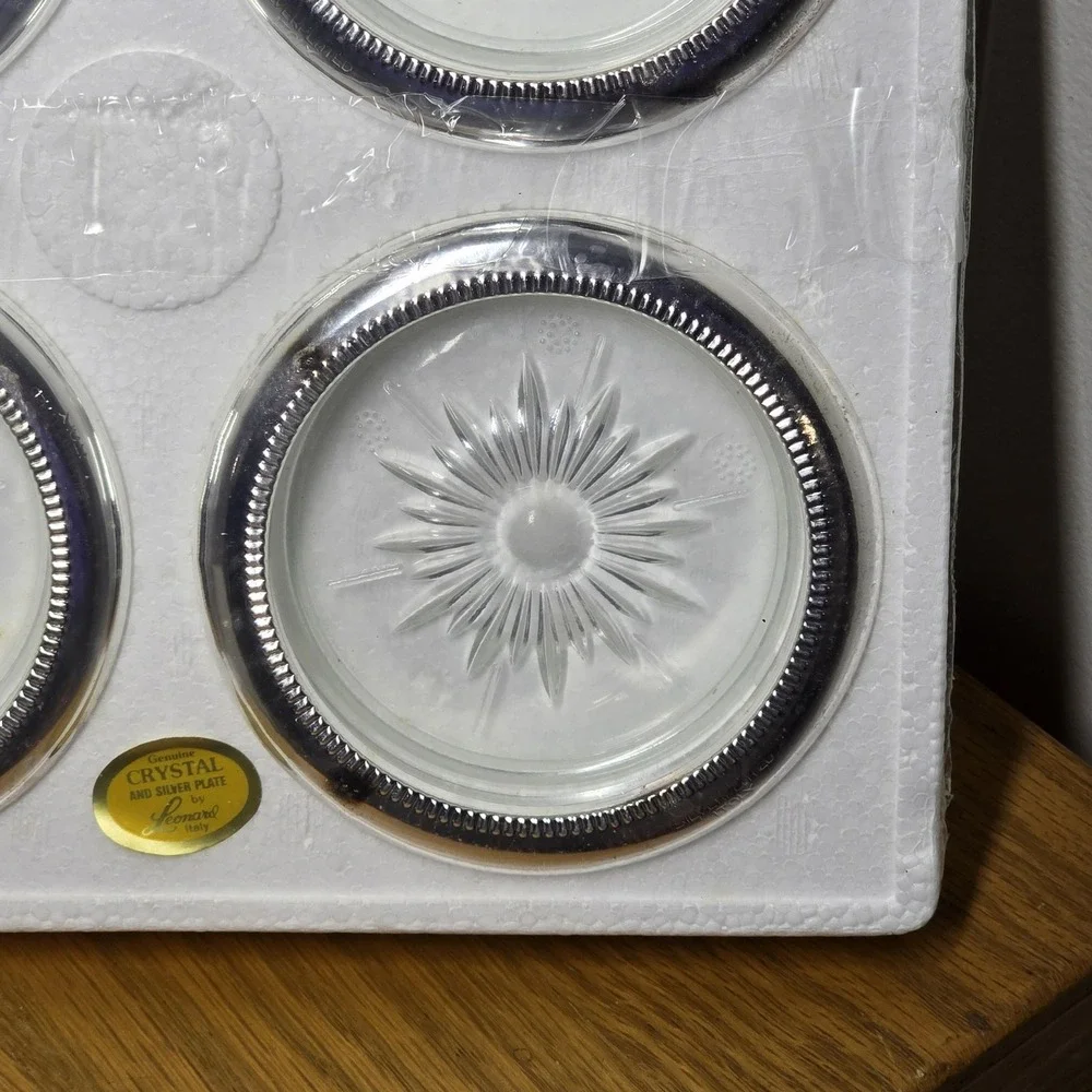 Vintage Leonard Italy Crystal Silver Plate Coaster Set of 4 Godinger No 1578 NOS